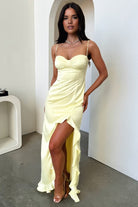 Tarian | Yellow - Sheath Satin Sweetheart Long Prom Dresses with Ruffles - KissProm