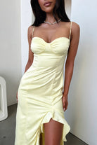 Tarian | Yellow - Sheath Satin Sweetheart Long Prom Dresses with Ruffles - KissProm