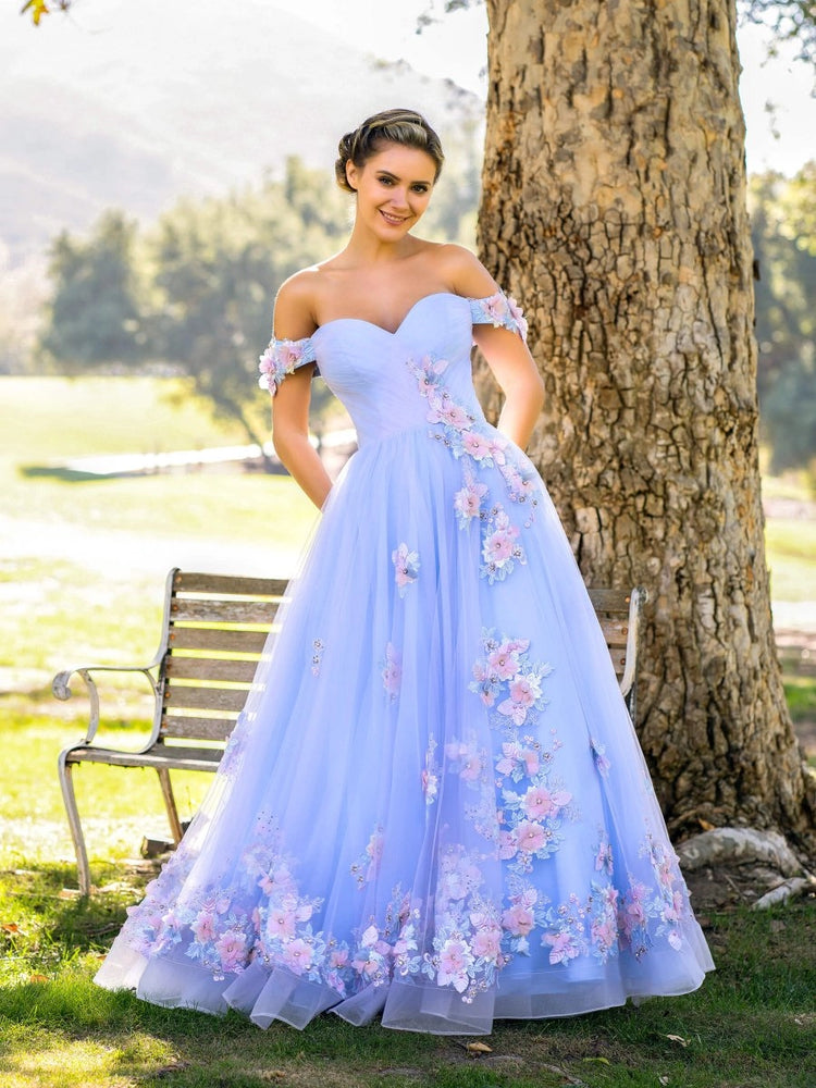 KissProm A Line off the shoulder Applique Tulle Floor Length Prom Dress, Lavender / 16