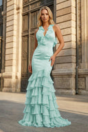 Yellow V Neck Satin Mermaid Ruffles Long Prom Dress - KissProm