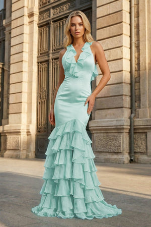 Yellow V Neck Satin Mermaid Ruffles Long Prom Dress - KissProm