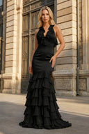 Yellow V Neck Satin Mermaid Ruffles Long Prom Dress - KissProm
