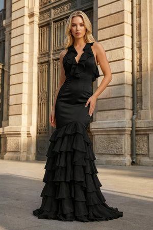 Yellow V Neck Satin Mermaid Ruffles Long Prom Dress - KissProm