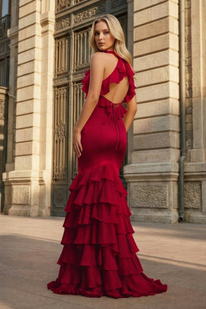 Yellow V Neck Satin Mermaid Ruffles Long Prom Dress - KissProm