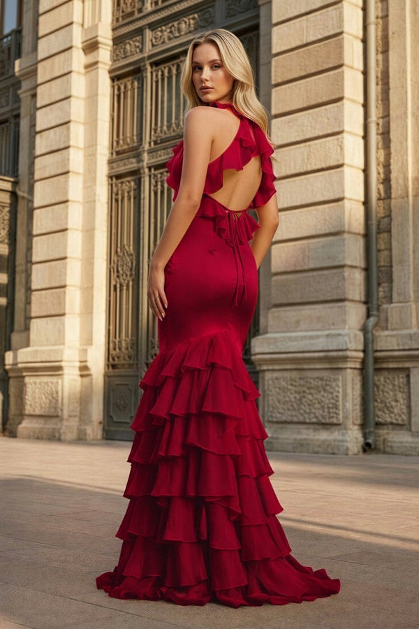 Yellow V Neck Satin Mermaid Ruffles Long Prom Dress - KissProm