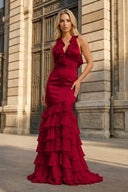 Yellow V Neck Satin Mermaid Ruffles Long Prom Dress - KissProm