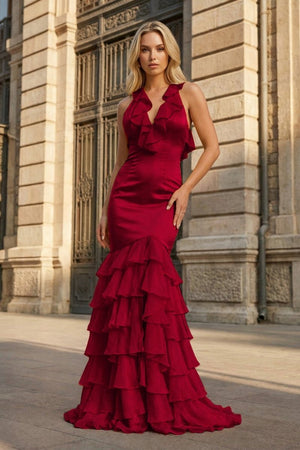 Yellow V Neck Satin Mermaid Ruffles Long Prom Dress - KissProm