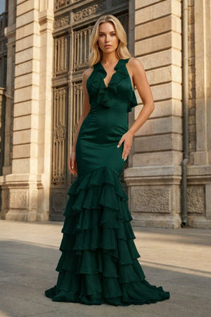 Yellow V Neck Satin Mermaid Ruffles Long Prom Dress - KissProm