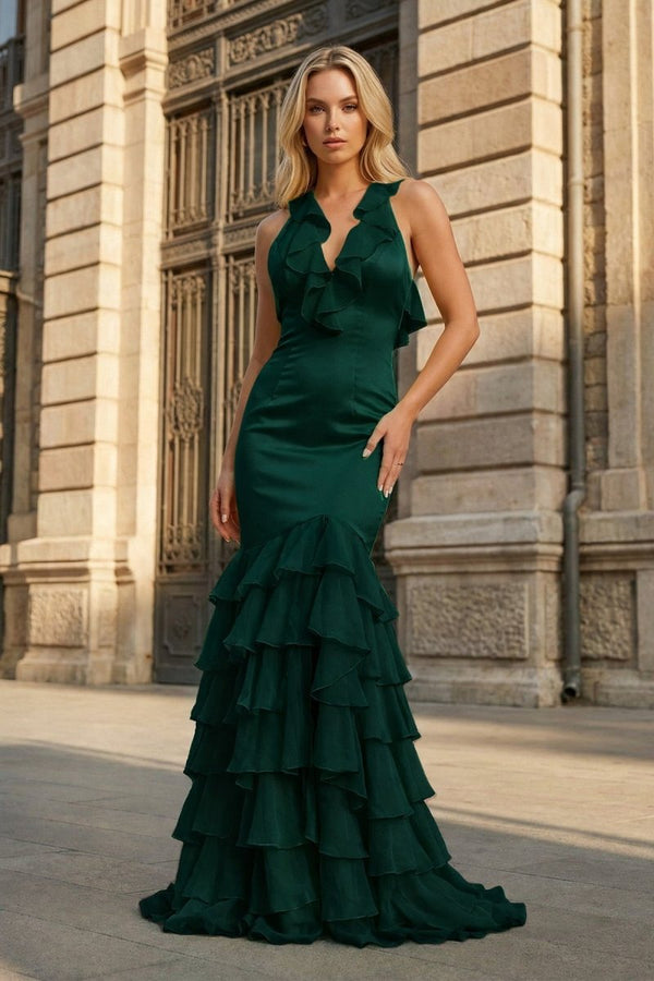 Yellow V Neck Satin Mermaid Ruffles Long Prom Dress - KissProm