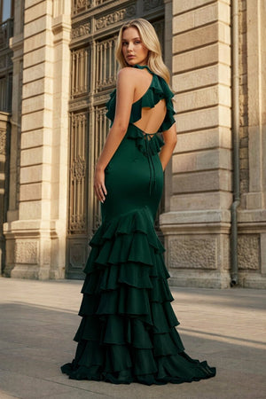 Yellow V Neck Satin Mermaid Ruffles Long Prom Dress - KissProm