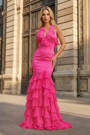 Yellow V Neck Satin Mermaid Ruffles Long Prom Dress - KissProm