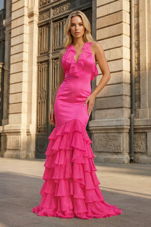 Yellow V Neck Satin Mermaid Ruffles Long Prom Dress - KissProm