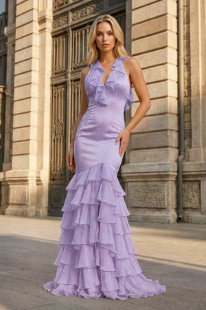Yellow V Neck Satin Mermaid Ruffles Long Prom Dress - KissProm