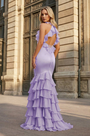 Yellow V Neck Satin Mermaid Ruffles Long Prom Dress - KissProm