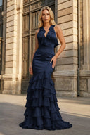 Yellow V Neck Satin Mermaid Ruffles Long Prom Dress - KissProm