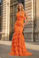 Yellow V Neck Satin Mermaid Ruffles Long Prom Dress - KissProm