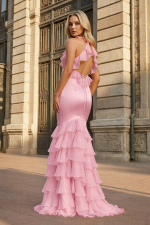 Yellow V Neck Satin Mermaid Ruffles Long Prom Dress - KissProm
