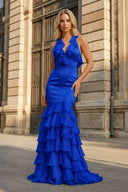Yellow V Neck Satin Mermaid Ruffles Long Prom Dress - KissProm