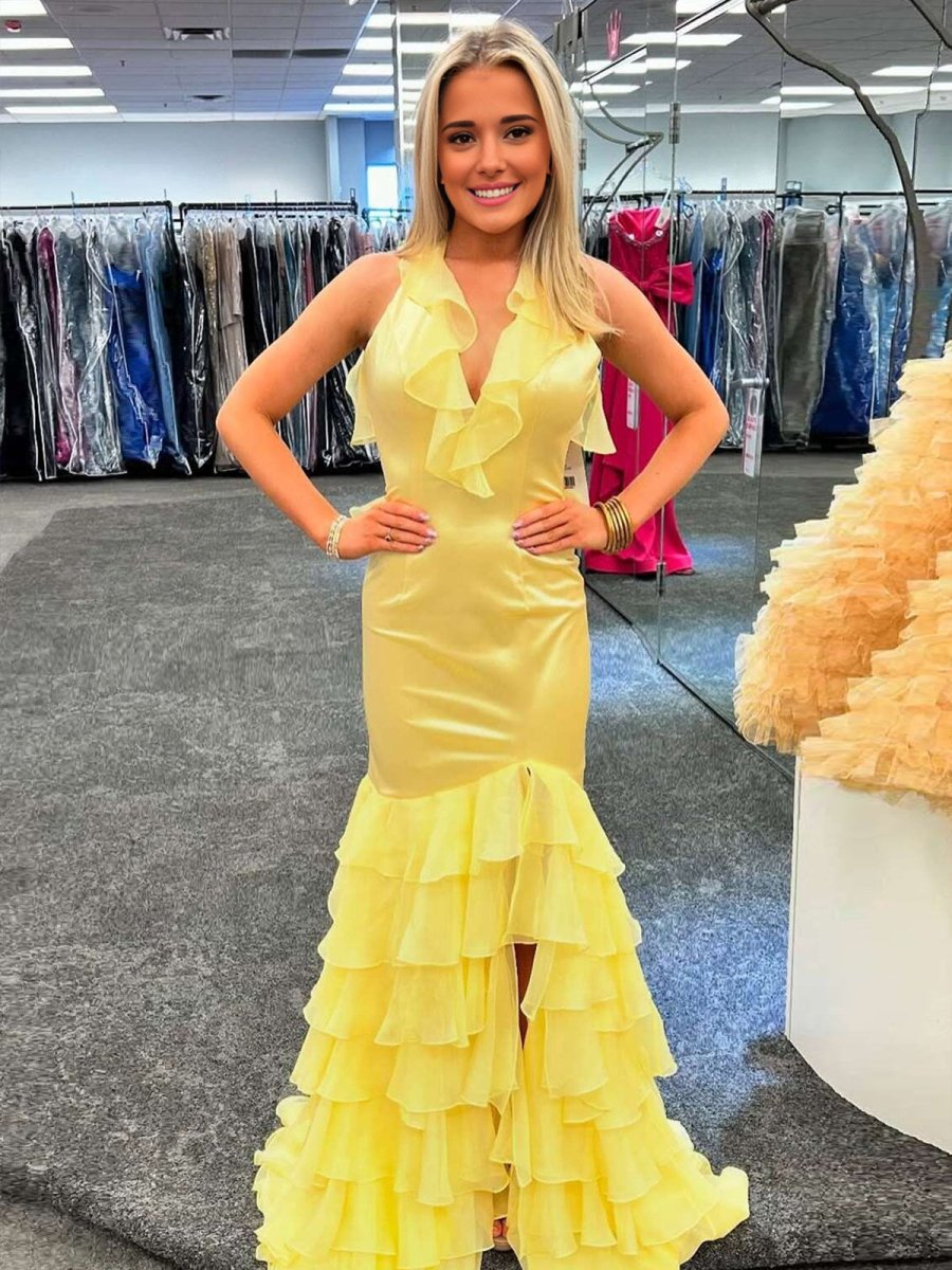Tatum | Yellow V Neck Satin Mermaid Ruffles Long Prom Dress – KissProm