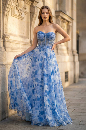 Strapless Printing Sweetheart Beads A - Line Prom Dress - KissProm