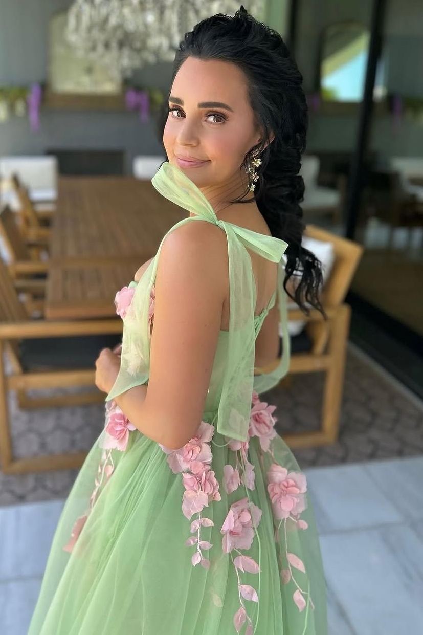 Taurus | Sweet Green A - Line Straps Sleeveless Appliques Tulle Long Prom Dress - KissProm