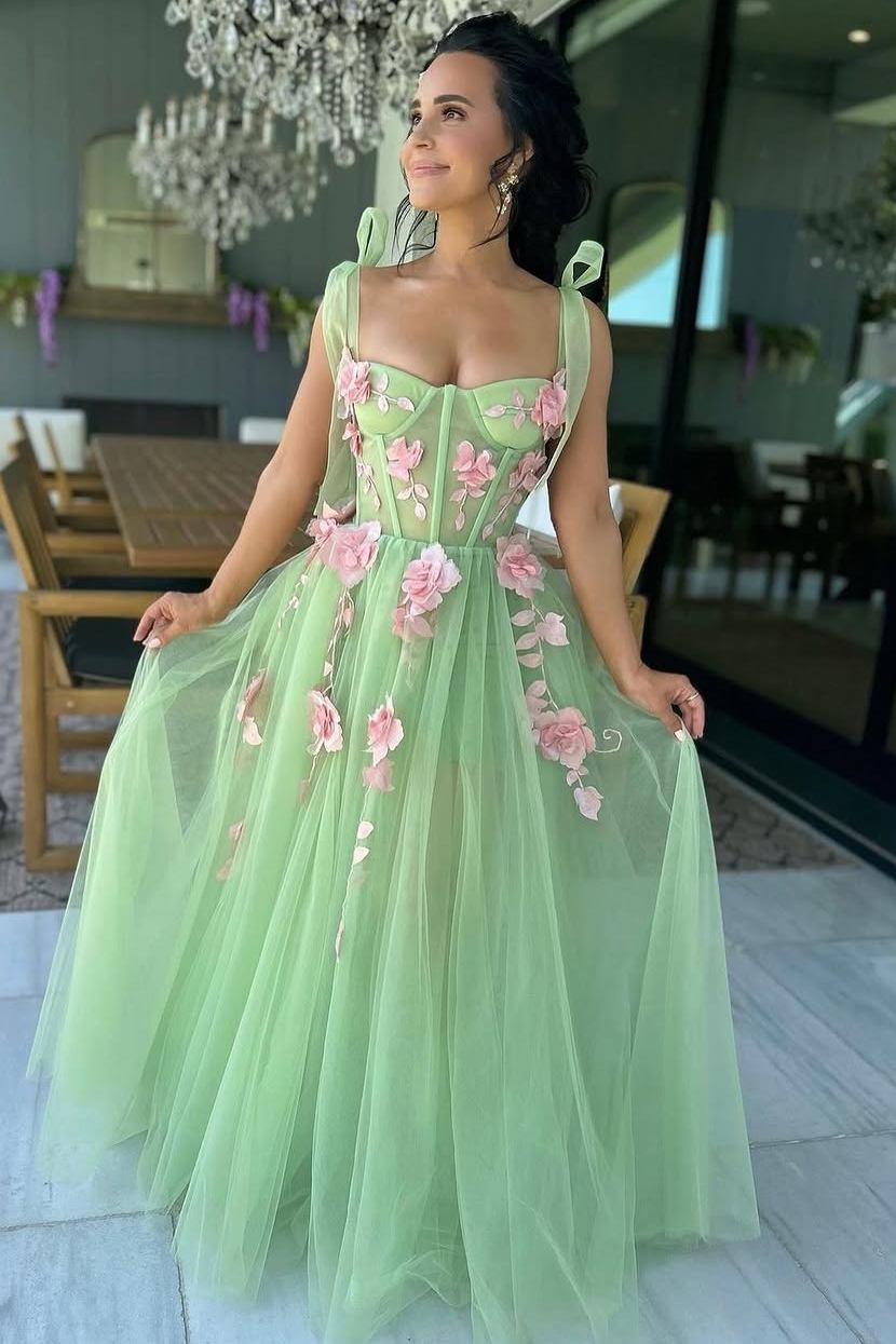 Taurus | Sweet Green A - Line Straps Sleeveless Appliques Tulle Long Prom Dress - KissProm