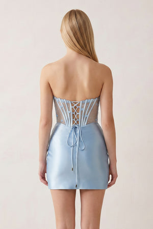 Tavi | Sky Blue - Bodycon Satin Sweetheart Beaded Homecoming Dresses with Slit