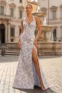 Sky Blue Halter Floral Jacquard Mermaid Long Formal Prom Dresses With Slit - KissProm