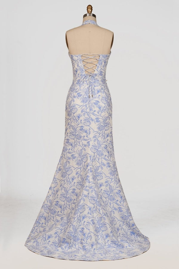Tavira | Sky Blue - Halter Floral Jacquard Mermaid Long Formal Prom Dresses With Slit - KissProm