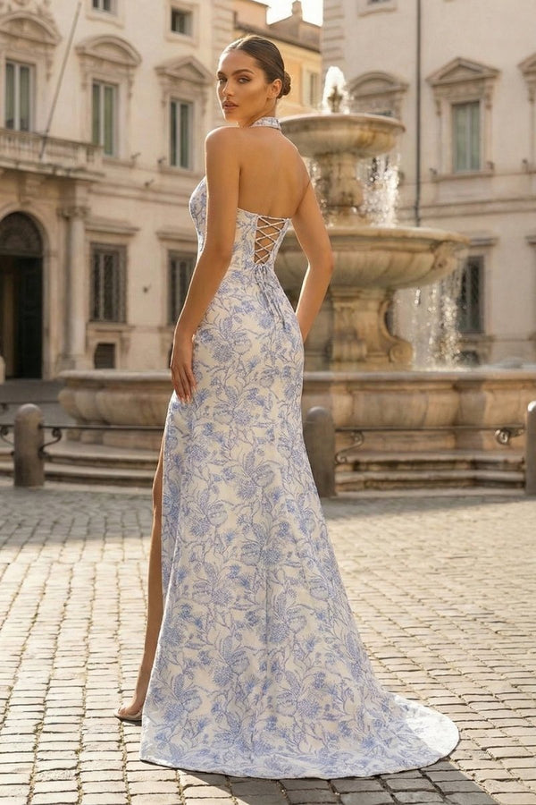 KissProm Sky Blue Halter Floral Jacquard Mermaid Long Formal Prom Dresses With Slit, Sky Blue / 10