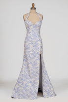 Tavira | Sky Blue - Halter Floral Jacquard Mermaid Long Formal Prom Dresses With Slit - KissProm