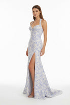 Tavira | Sky Blue - Halter Floral Jacquard Mermaid Long Formal Prom Dresses With Slit - KissProm