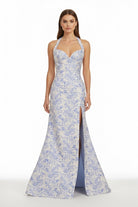 Tavira | Sky Blue - Halter Floral Jacquard Mermaid Long Formal Prom Dresses With Slit - KissProm