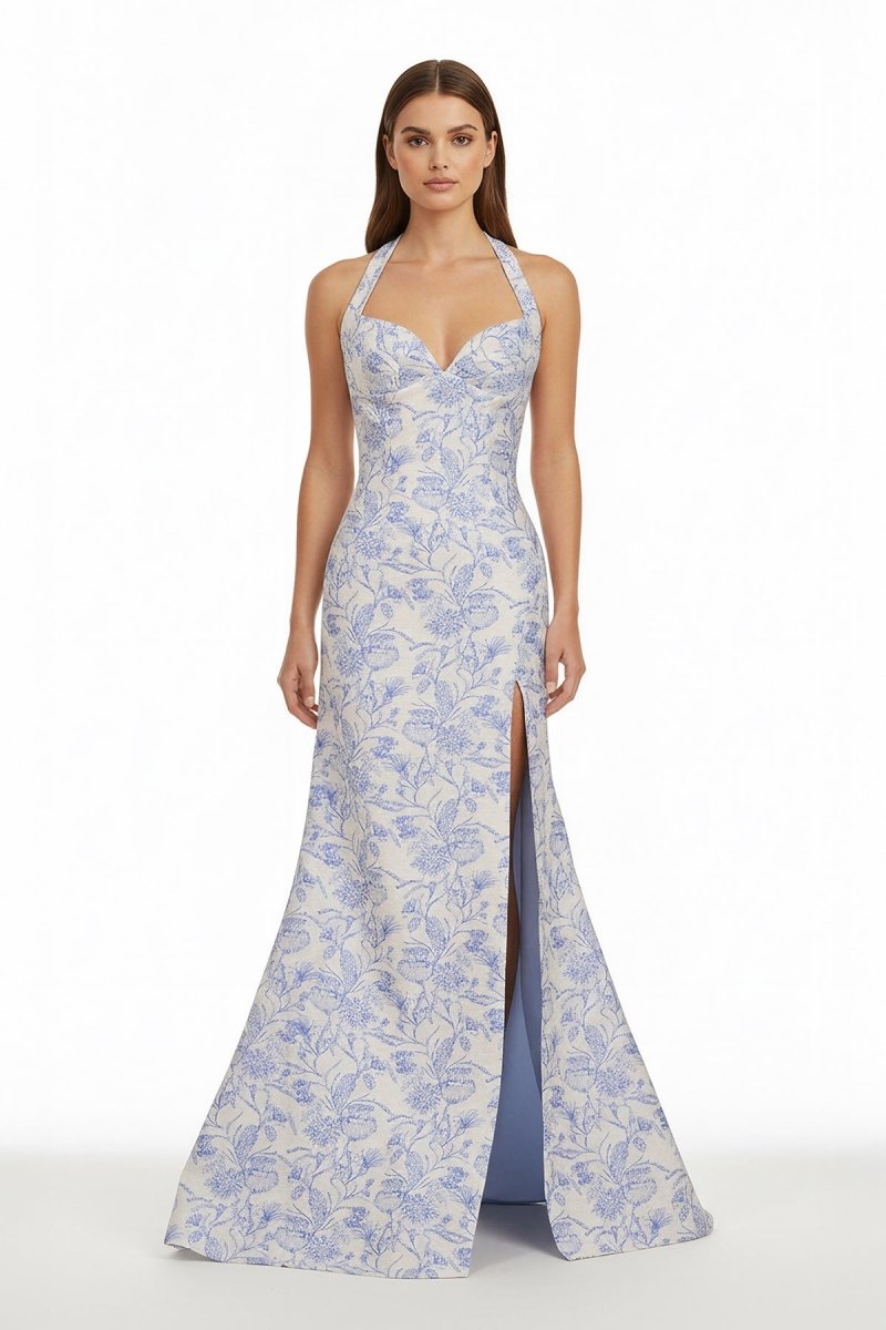 Tavira | Sky Blue - Halter Floral Jacquard Mermaid Long Formal Prom Dresses With Slit - KissProm