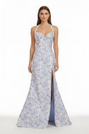 Tavira | Sky Blue - Halter Floral Jacquard Mermaid Long Formal Prom Dresses With Slit - KissProm