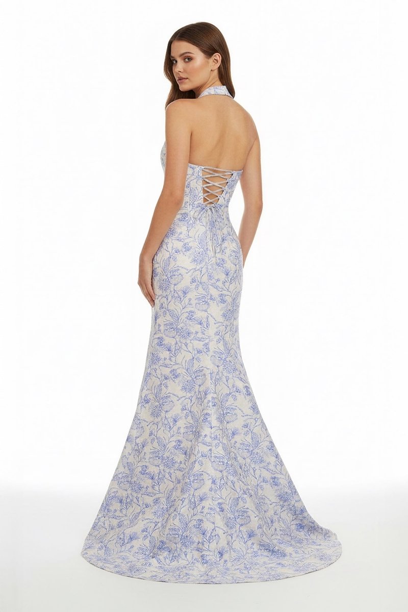 Tavira | Sky Blue - Halter Floral Jacquard Mermaid Long Formal Prom Dresses With Slit - KissProm