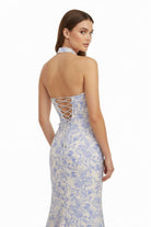 Tavira | Sky Blue - Halter Floral Jacquard Mermaid Long Formal Prom Dresses With Slit - KissProm