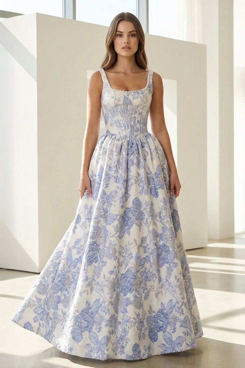 Tavynne | Blue - Square Neck A Line Floral Jacquard Prom Dresses With Pearls - KissProm