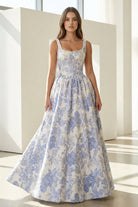 Tavynne | Blue - Square Neck A Line Floral Jacquard Prom Dresses With Pearls - KissProm