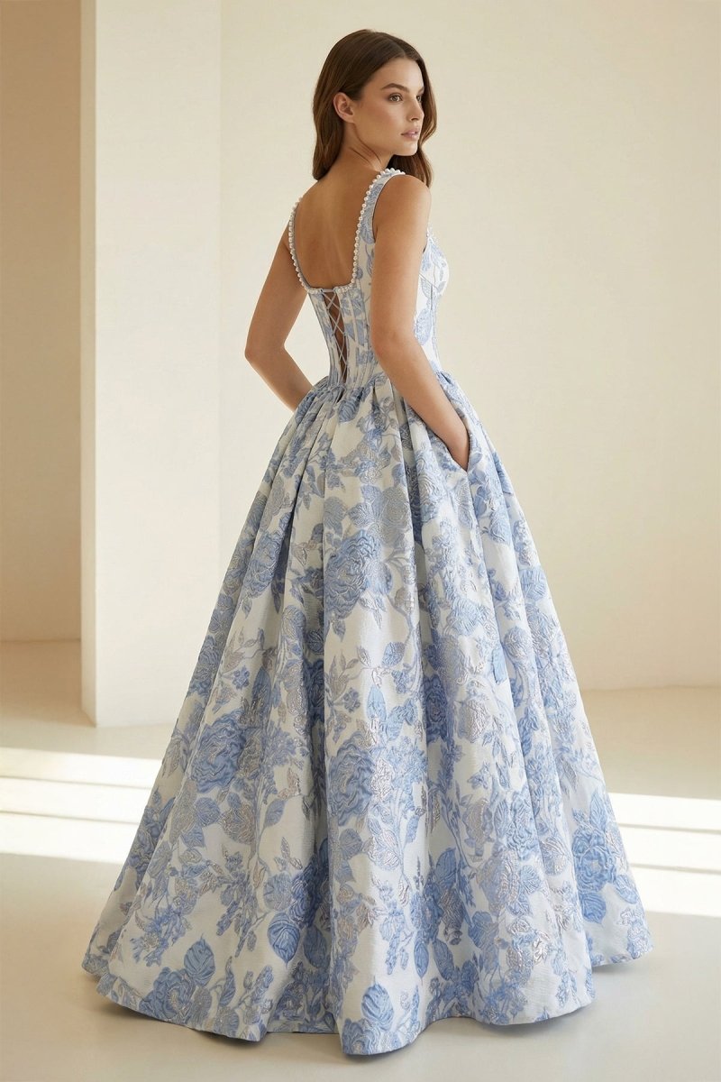 Tavynne | Blue - Square Neck A Line Floral Jacquard Prom Dresses With Pearls - KissProm