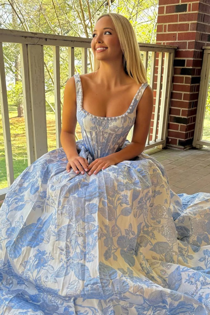 Blue Square Neck A Line Floral Jacquard Prom Dresses With Pearls, Blue / 14 Blue Square Neck A Line Floral Jacquard Prom Dresses With Pearls, Blue / 14
