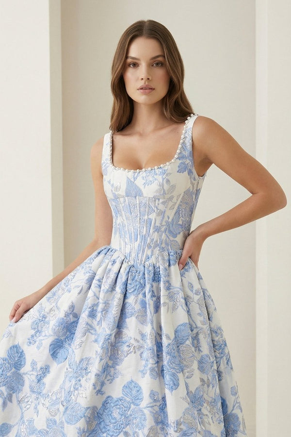 jacquard formal dress Blue Square Neck A Line Floral Jacquard Prom Dresses With Pearls, Blue / 14