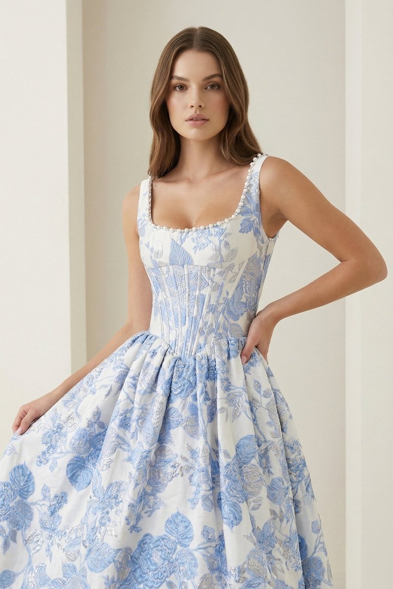 KissProm Blue Square Neck A Line Floral Jacquard Prom Dresses With Pearls, Blue / 14