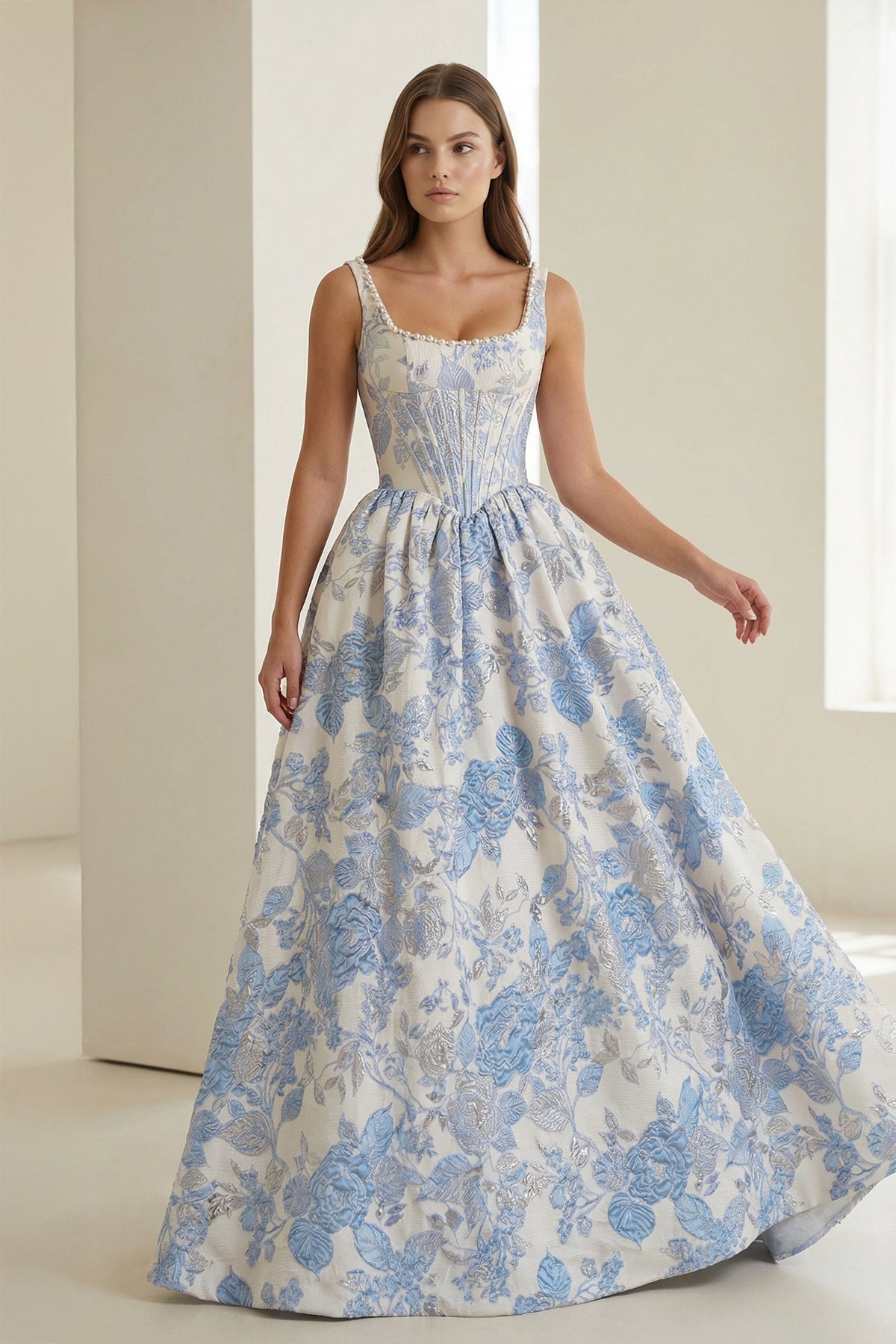 Tavynne | Blue - Square Neck A Line Floral Jacquard Prom Dresses With Pearls -KissProm