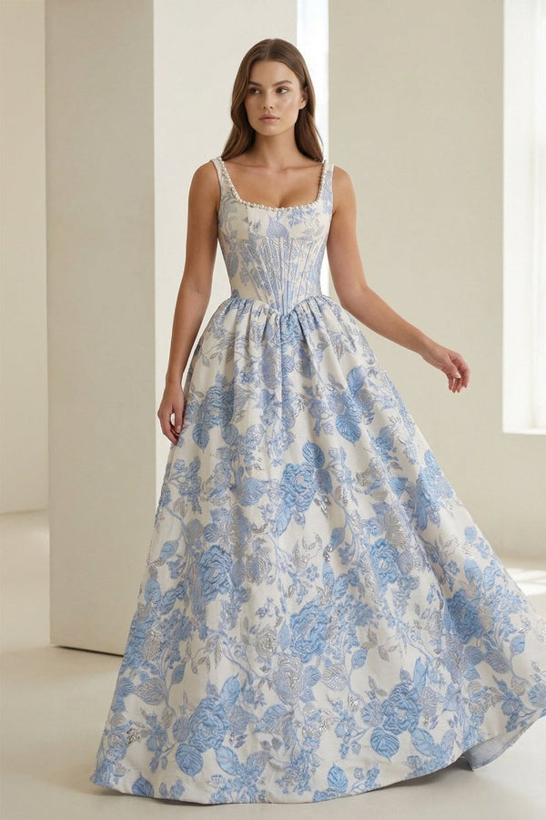 Tavynne | Blue - Square Neck A Line Floral Jacquard Prom Dresses With Pearls - KissProm