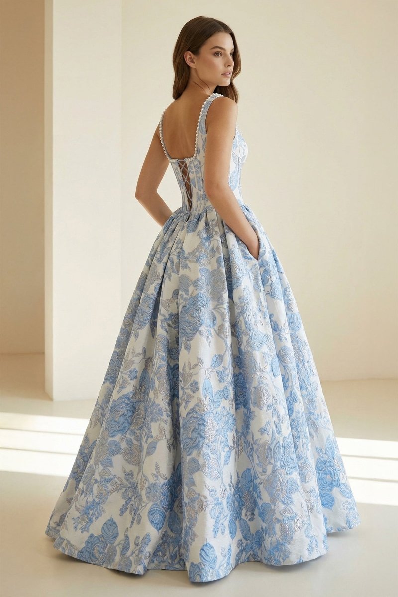Blue Square Neck A Line Floral Jacquard Prom Dresses With Pearls, Blue / 14 Blue Square Neck A Line Floral Jacquard Prom Dresses With Pearls, Blue / 14