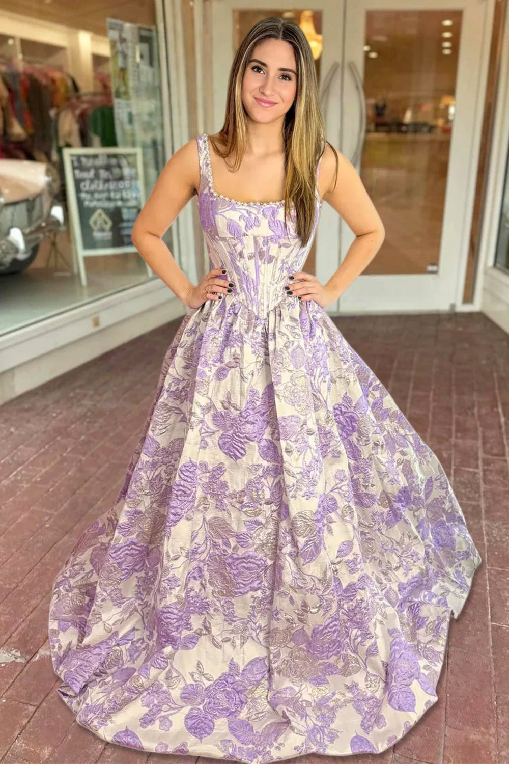 Tavynne | Lilac - Square Neck A Line Floral Jacquard Prom Dresses With Pearls -KissProm