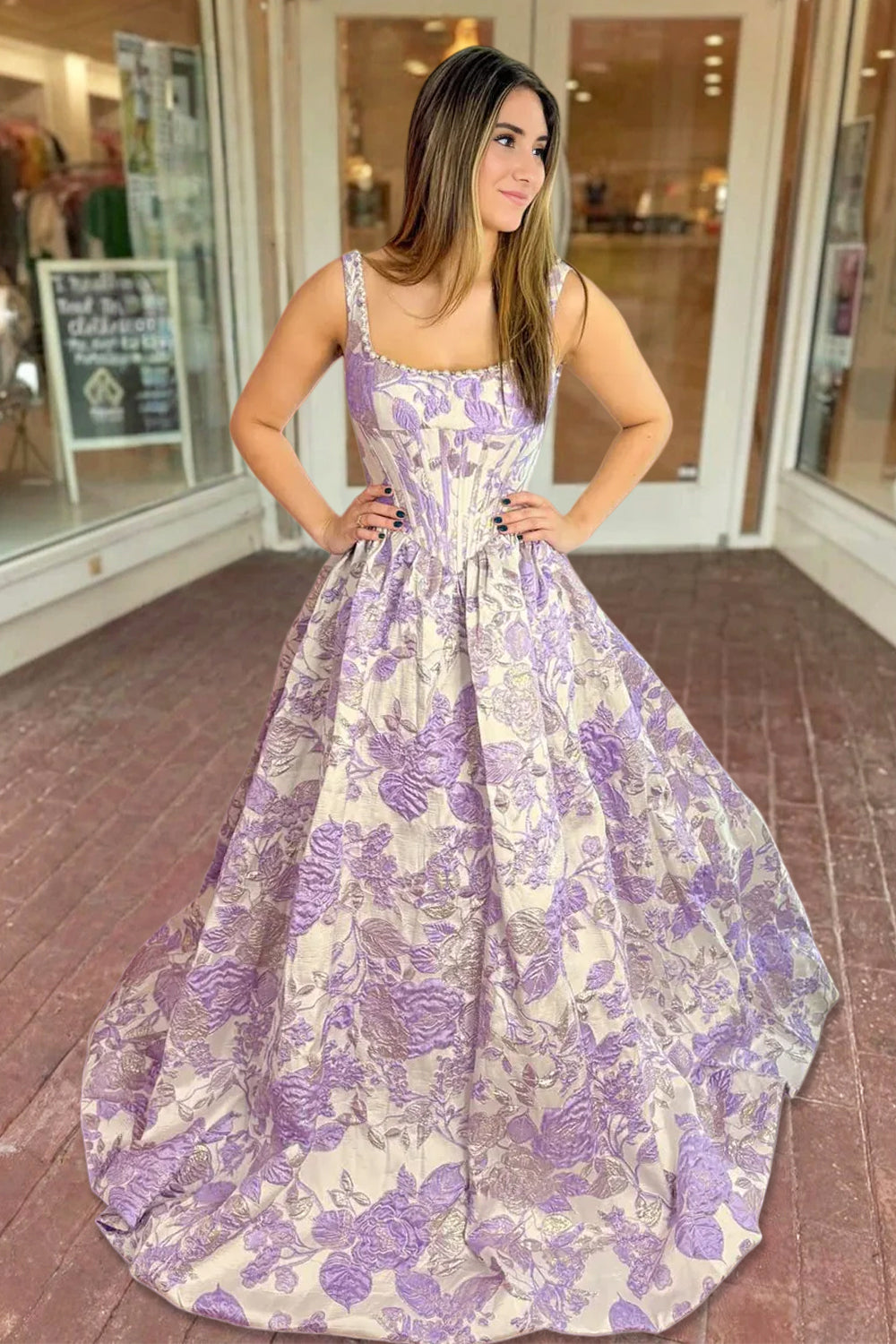 Tavynne | Lilac - Square Neck A Line Floral Jacquard Prom Dresses With Pearls -KissProm