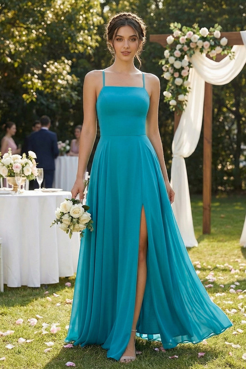 A-Line Chiffon Bridesmaid Dress in Dark Teal With Slit - KissProm BRIDESMAID DRESSES