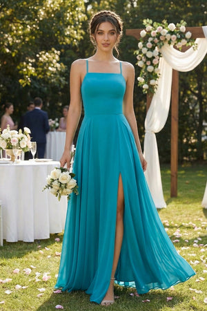 A-Line Chiffon Bridesmaid Dress in Dark Teal With Slit - KissProm BRIDESMAID DRESSES